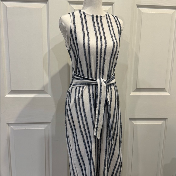 LOFT Textured Stripe Midi Dress Small Neutral Sleeveless Tie Waist - Picture 7 of 10